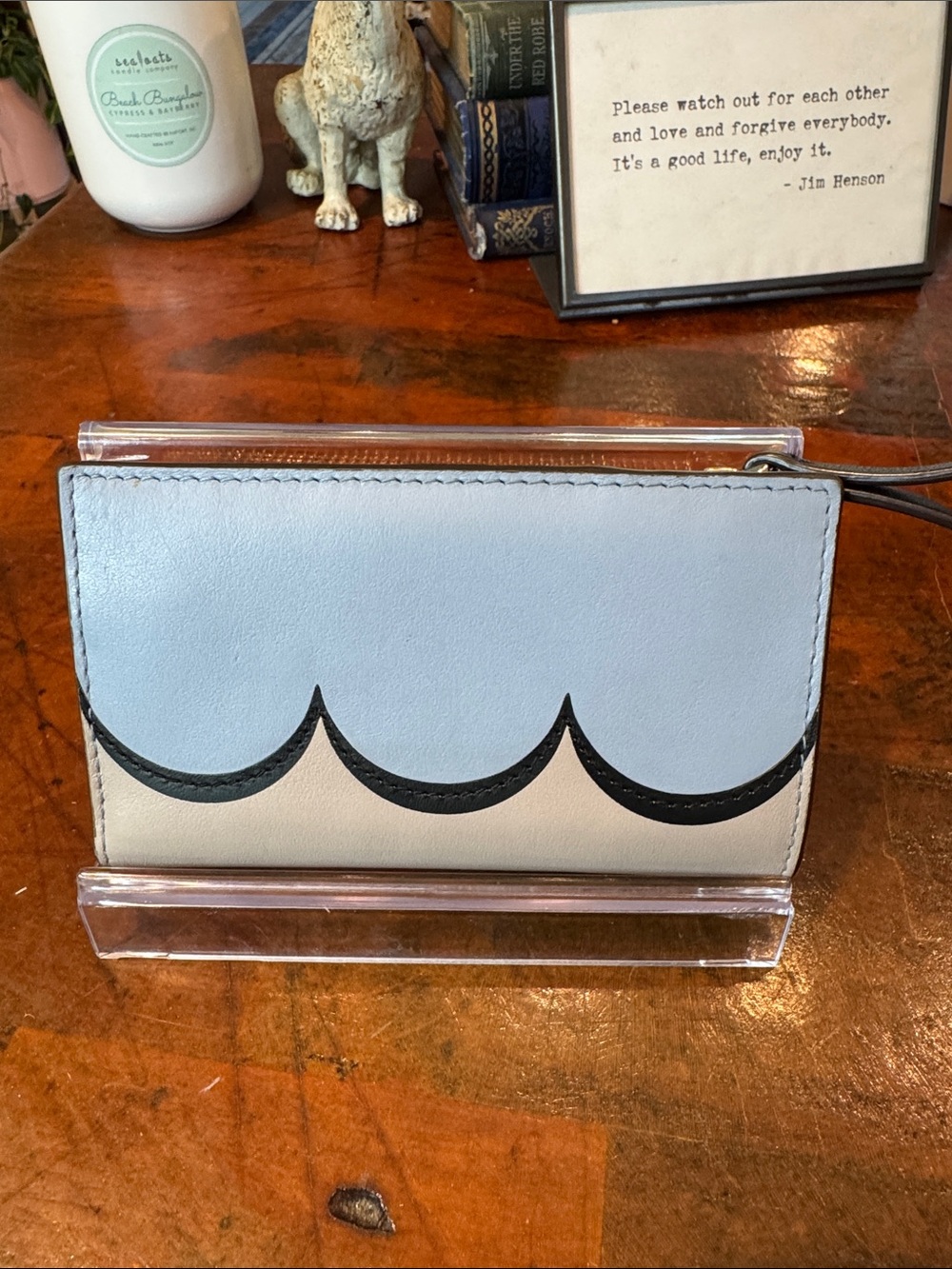 kate spade scallop-trim leather card holder - light blue, cream & black - Picture 2 of 10